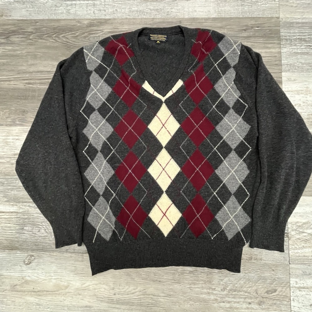 Brooks Brothers 100% Lambswool Sweater Mens L V-Neck England Vintage Argyle 42